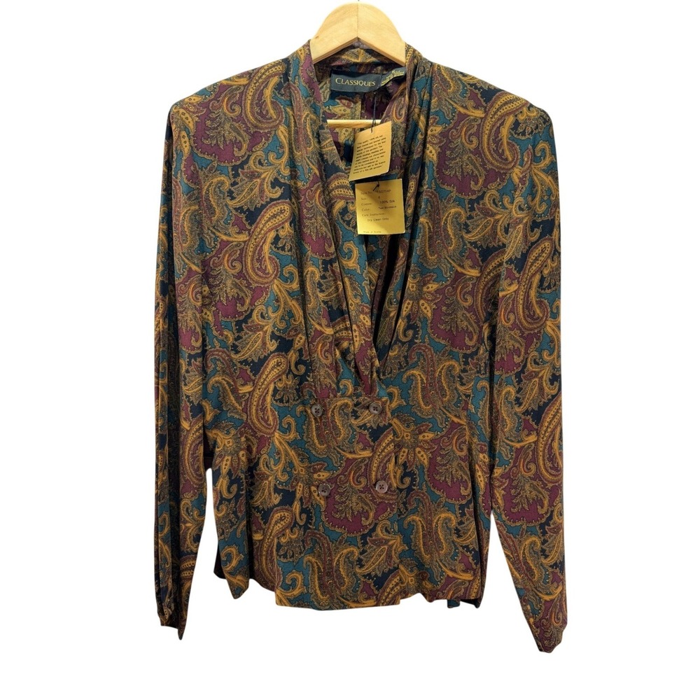 Vintage Classiques 100% Silk Blouse Womens 6 Brown Paisley Double Breasted Drape